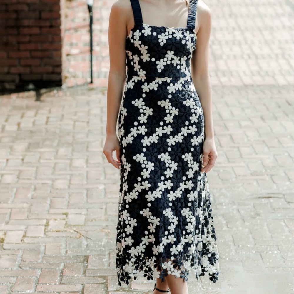 Just Me navy and ivory crochet dress
